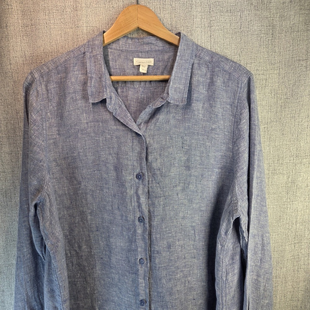 Garnet Hill 100% Linen Tunic Womens Large Blue Coastal LS Button Up Beach